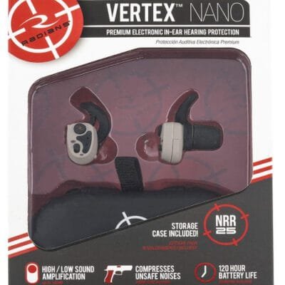 Radians Vertex Nano Wireless Electronic Earbuds, 25 dB, 120hr Battery, Tan